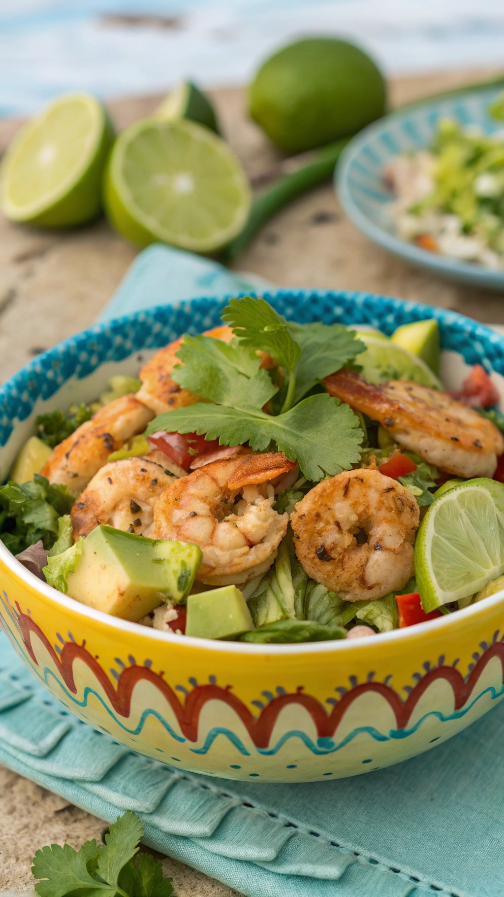 A vibrant bowl of spicy shrimp salad with avocado, lime, and fresh greens.