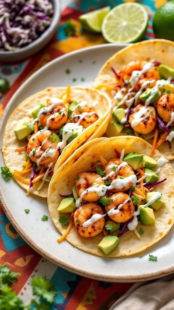 Three spicy shrimp tacos topped with avocado, cabbage, and sauce on a colorful plate.