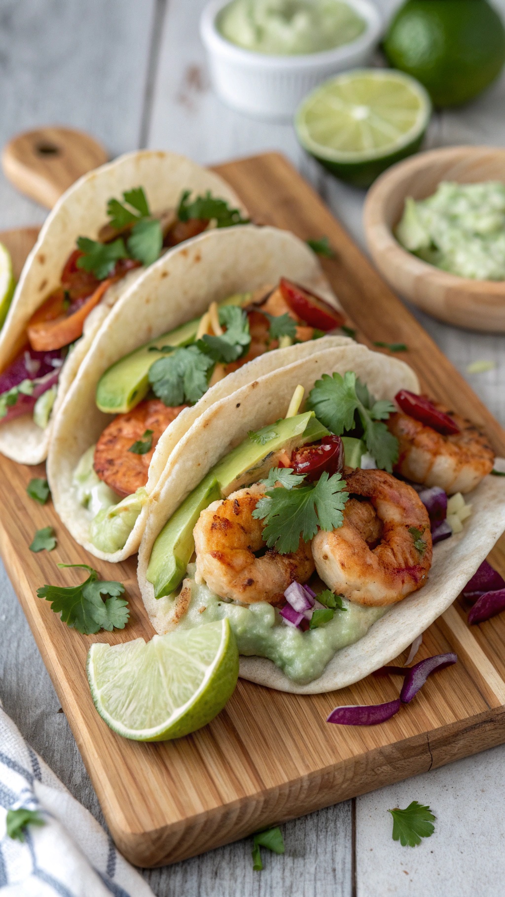 Spicy shrimp tacos with avocado crema, garnished with cilantro and lime on a wooden board.