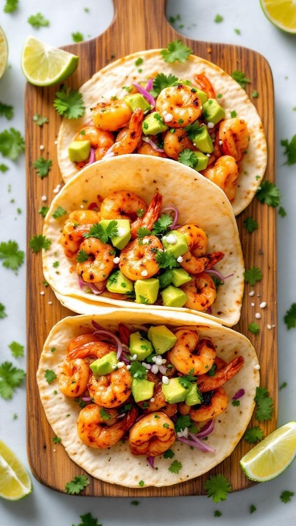 Three spicy shrimp tacos topped with avocado salsa on a wooden serving board.