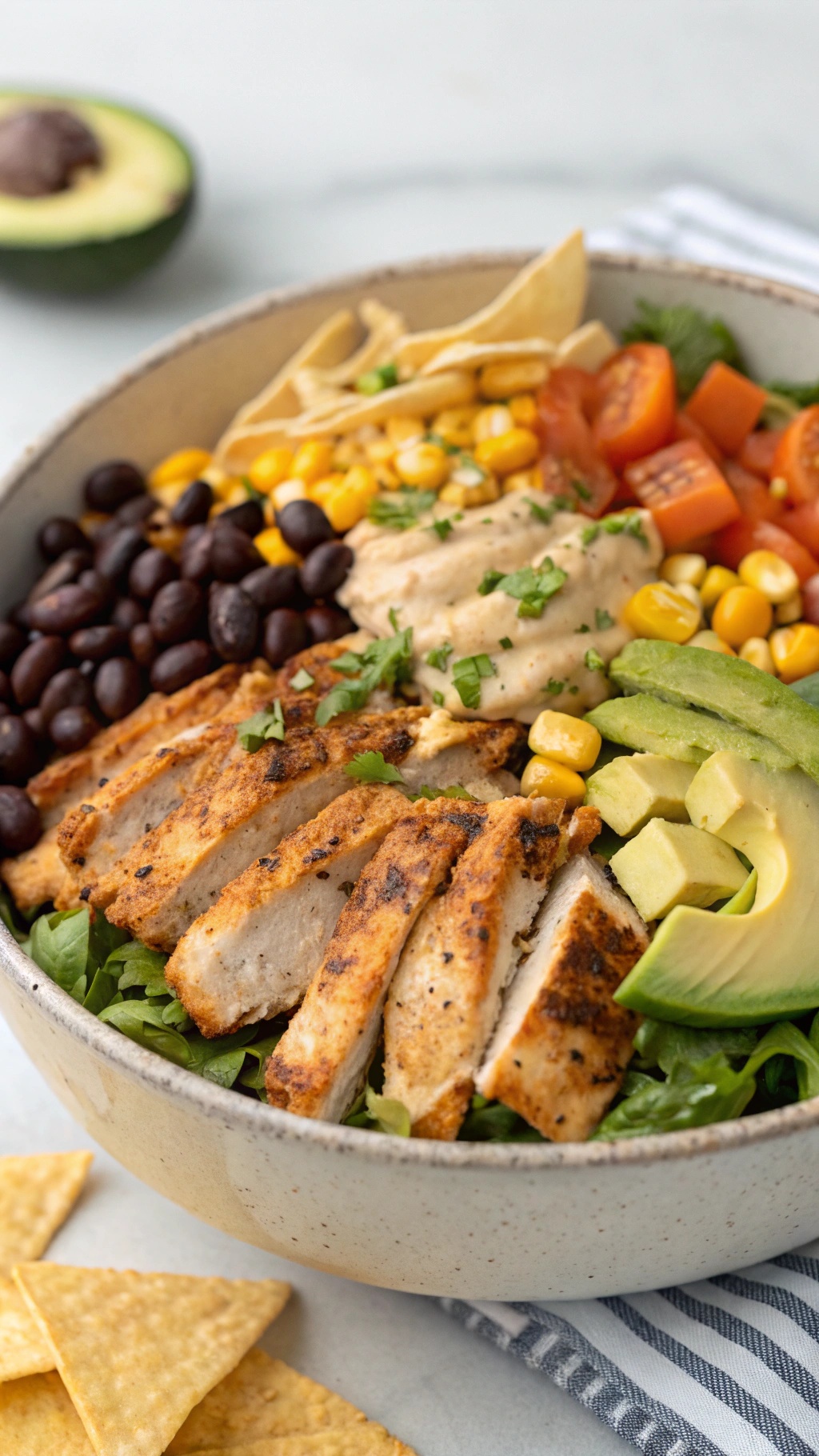A colorful Spicy Southwest Chicken Salad with grilled chicken, black beans, corn, tomatoes, avocado, and tortilla strips.