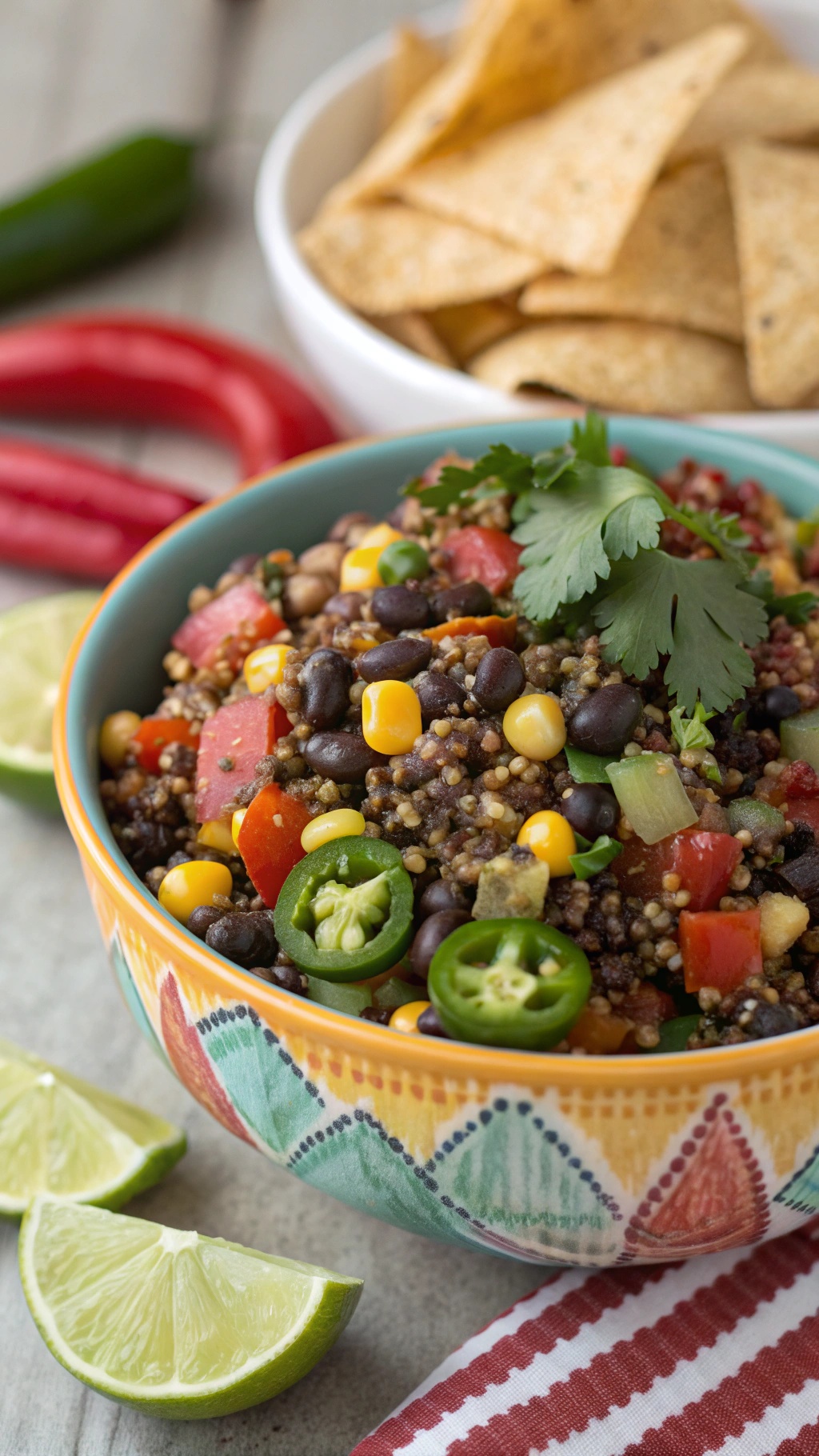 A colorful bowl of Spicy Southwest Quinoa Salad with black beans, corn, tomatoes, and jalapeños, garnished with cilantro and lime slices.