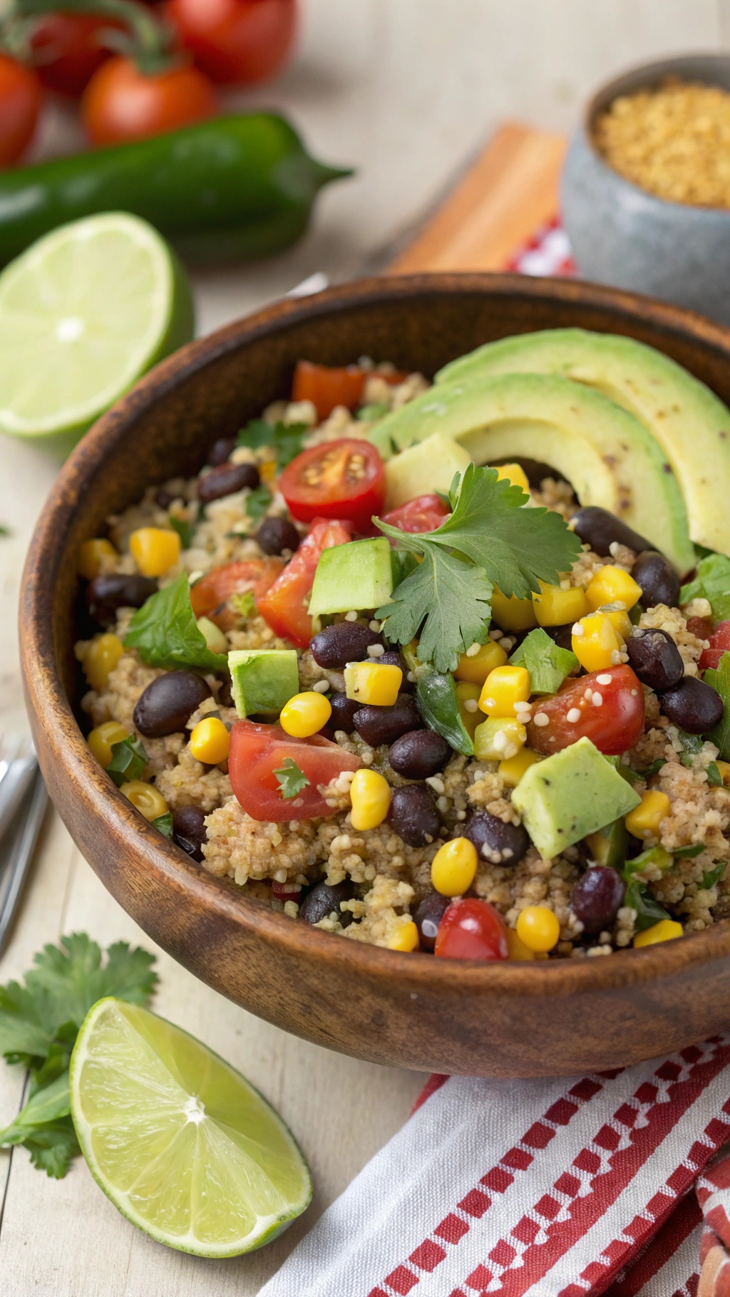 A colorful bowl of Spicy Southwest Quinoa Salad with black beans, corn, tomatoes, and avocado.