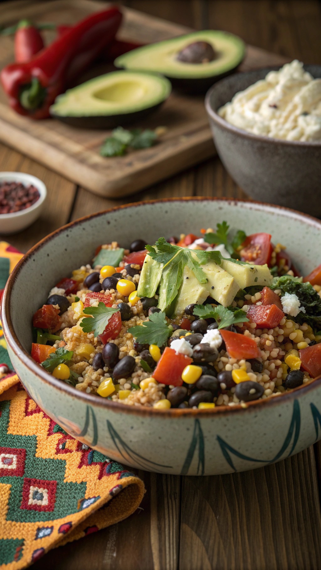 A vibrant bowl of Spicy Southwest Quinoa Salad with avocado, black beans, corn, and colorful vegetables.