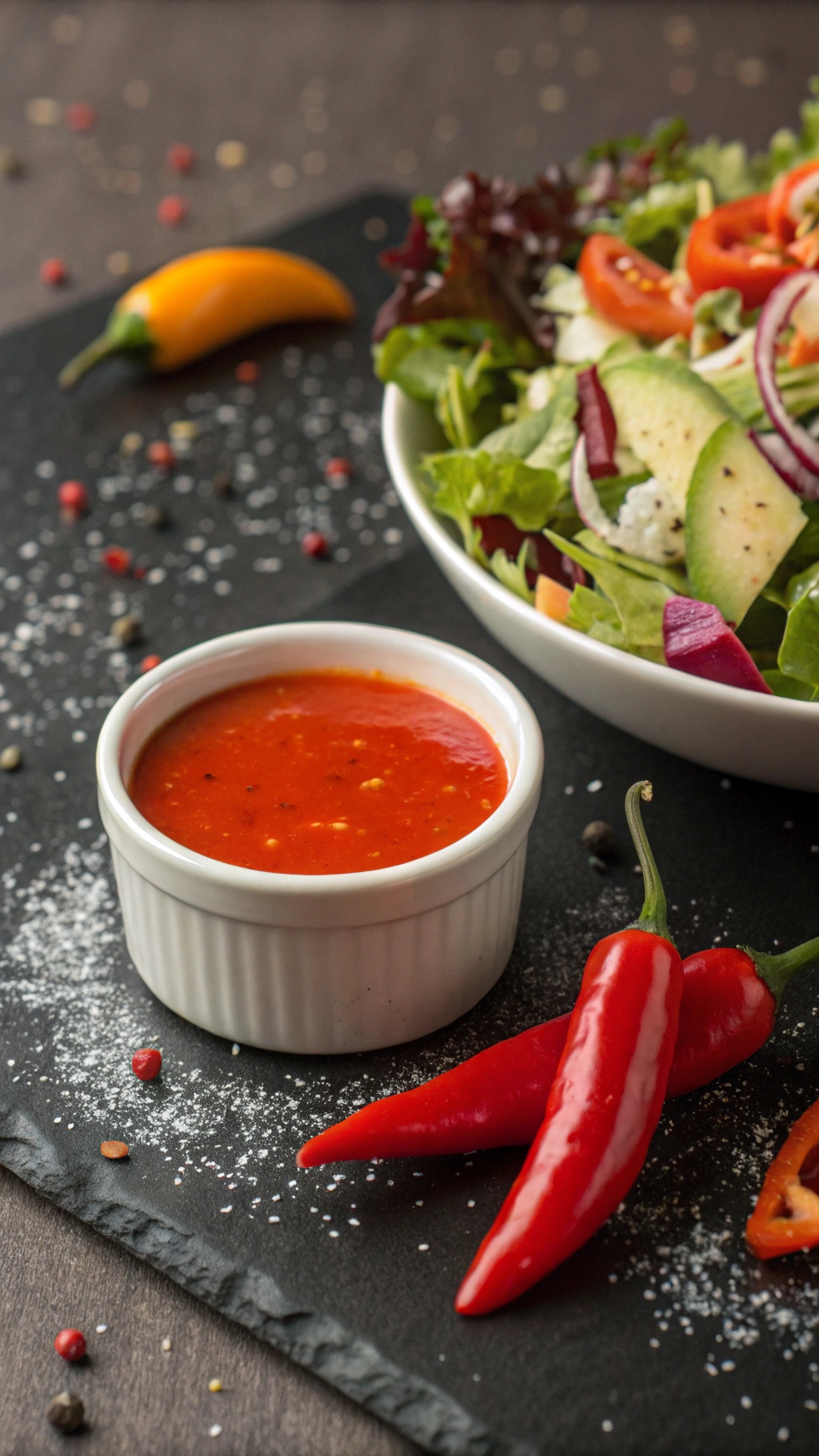 A bowl of spicy Sriracha dressing next to fresh salad ingredients.