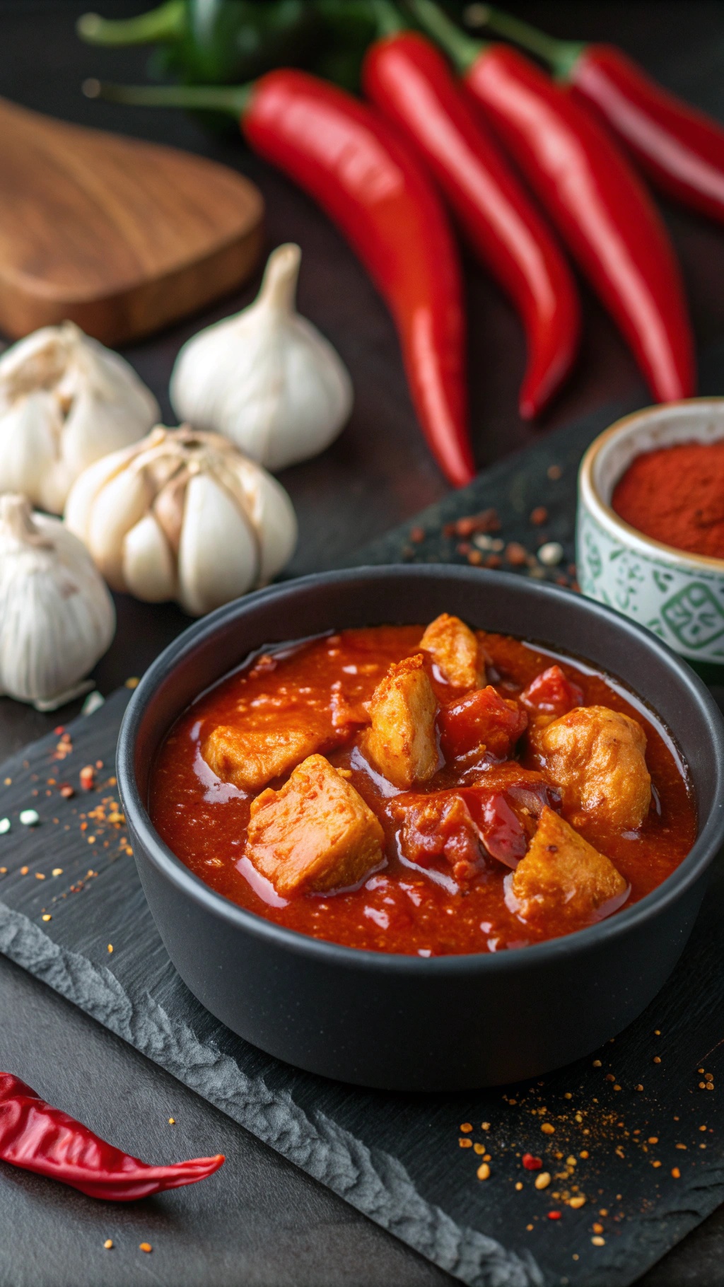 A bowl of spicy Sriracha marinade with fresh red chilies and garlic.