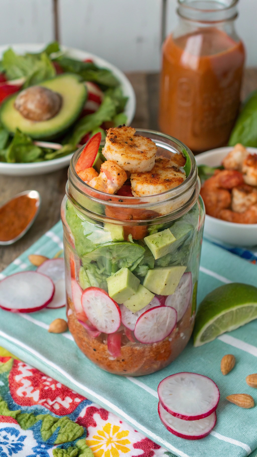 A colorful Spicy Sriracha Shrimp Salad Jar filled with shrimp, vegetables, and dressing.
