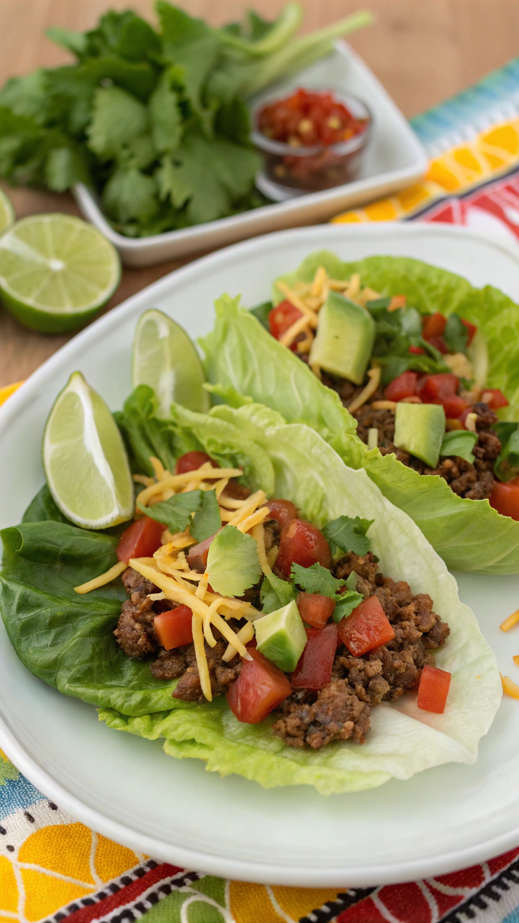 Spicy taco lettuce wraps with ground beef, tomatoes, avocado, and lime on a colorful tablecloth.