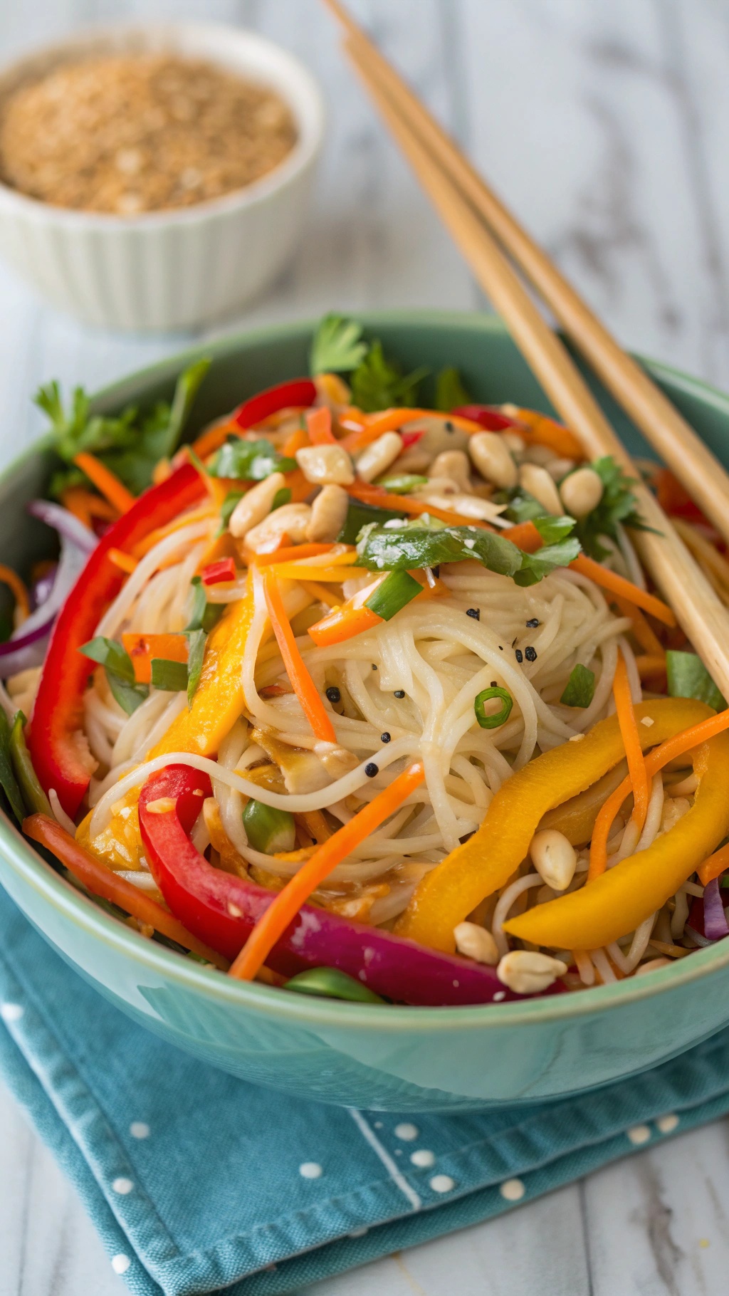 A colorful Spicy Thai Noodle Salad with peanut dressing, featuring rice noodles, bell peppers, carrots, and peanuts.