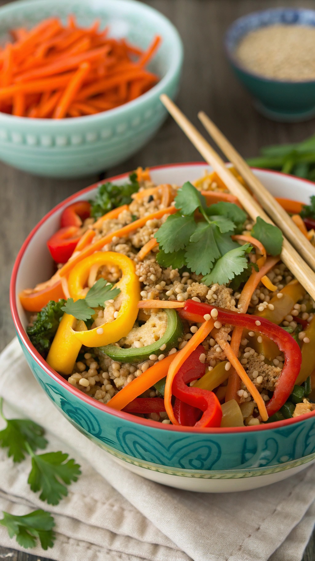 A colorful bowl of Spicy Thai Peanut Quinoa Salad with fresh vegetables and a peanut dressing.