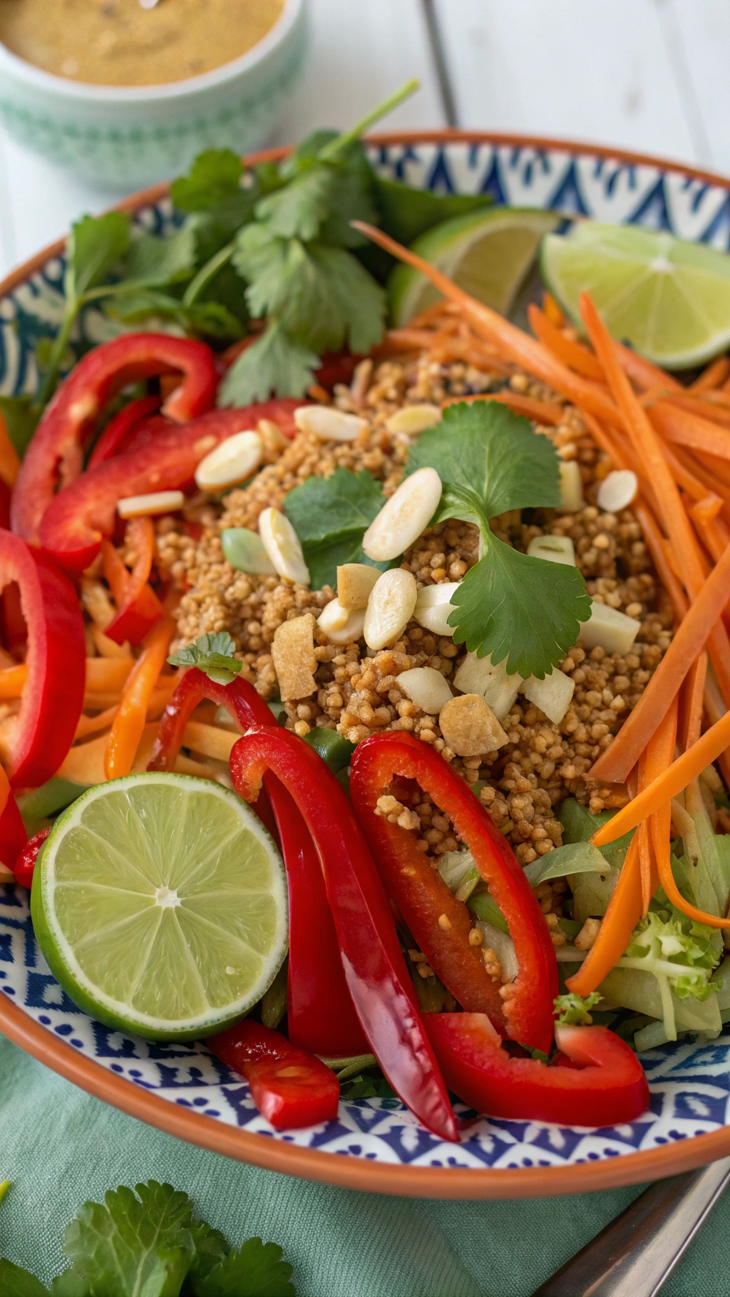 A colorful Spicy Thai Quinoa Salad with red and yellow bell peppers, shredded carrots, cilantro, lime wedges, and peanuts.