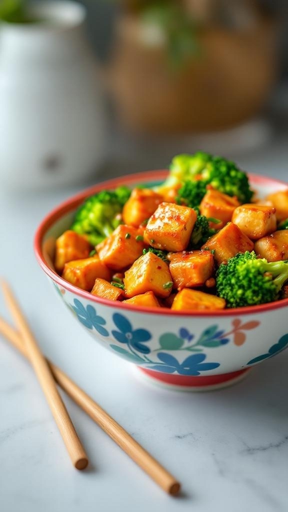 A colorful bowl of spicy tofu and broccoli stir-fry with chopsticks