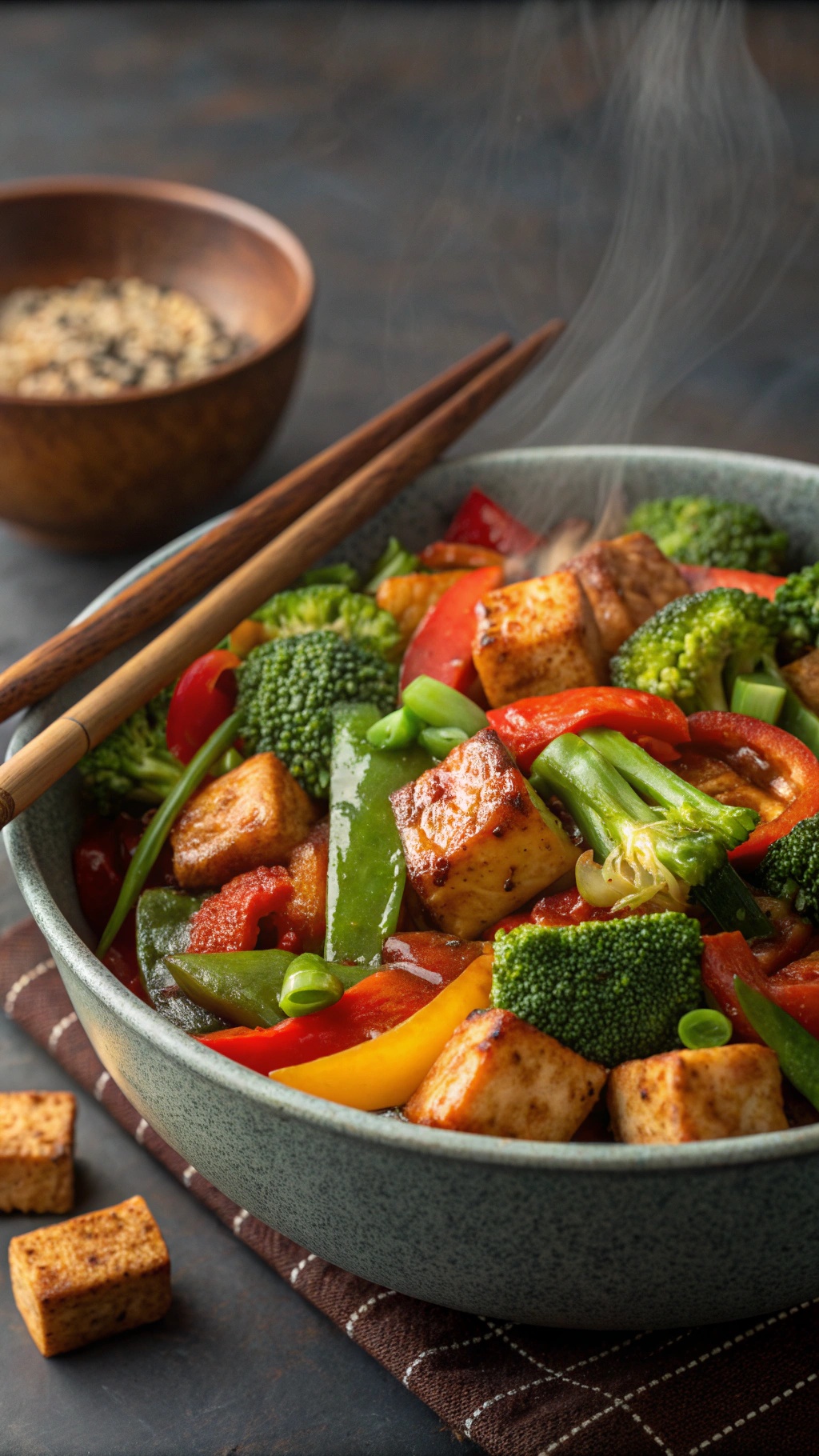 A colorful bowl of spicy tofu stir-fry with vegetables and chopsticks.