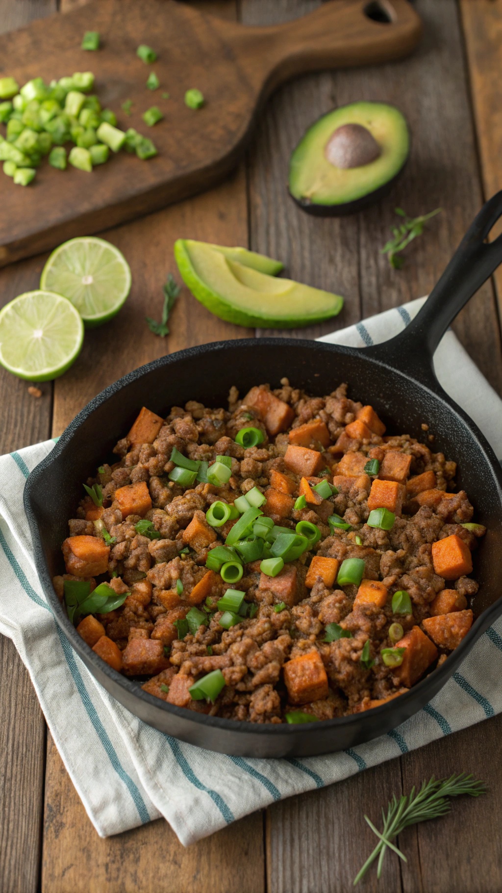 A skillet filled with spicy turkey and sweet potatoes, garnished with green onions and avocado slices, on a wooden table.
