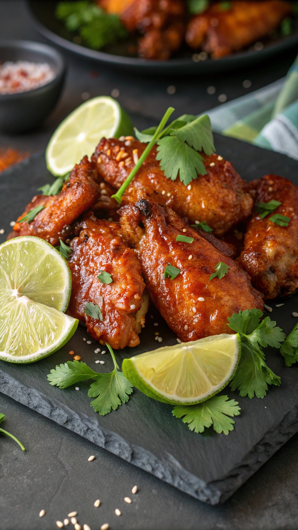 A plate of Sriracha honey chicken wings garnished with lime and cilantro on a slate board.