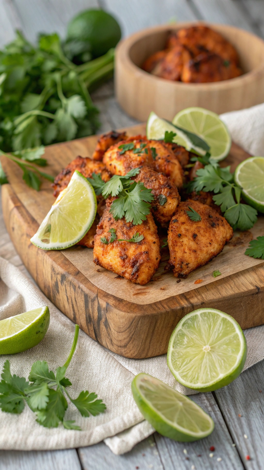 Sriracha Lime Air Fryer Chicken garnished with cilantro and lime slices on a wooden board.