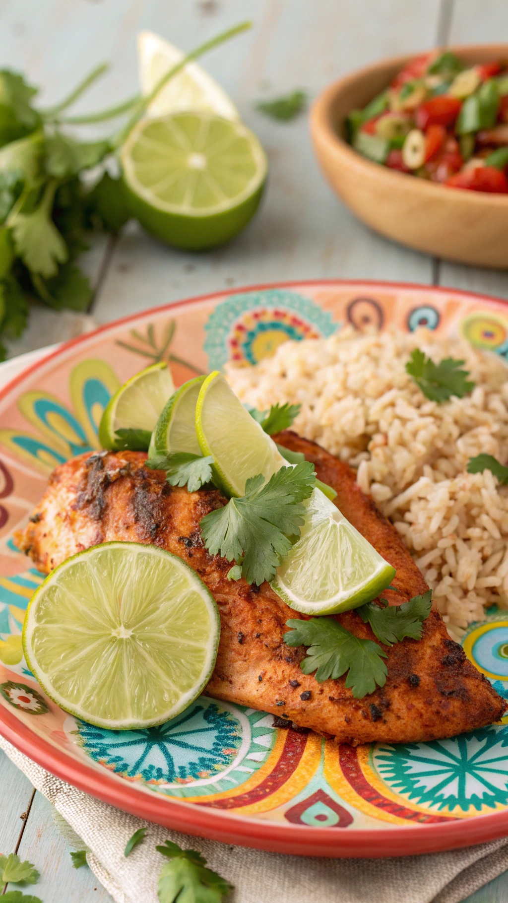 A plate of Sriracha Lime Chicken garnished with lime slices and cilantro, served with rice.