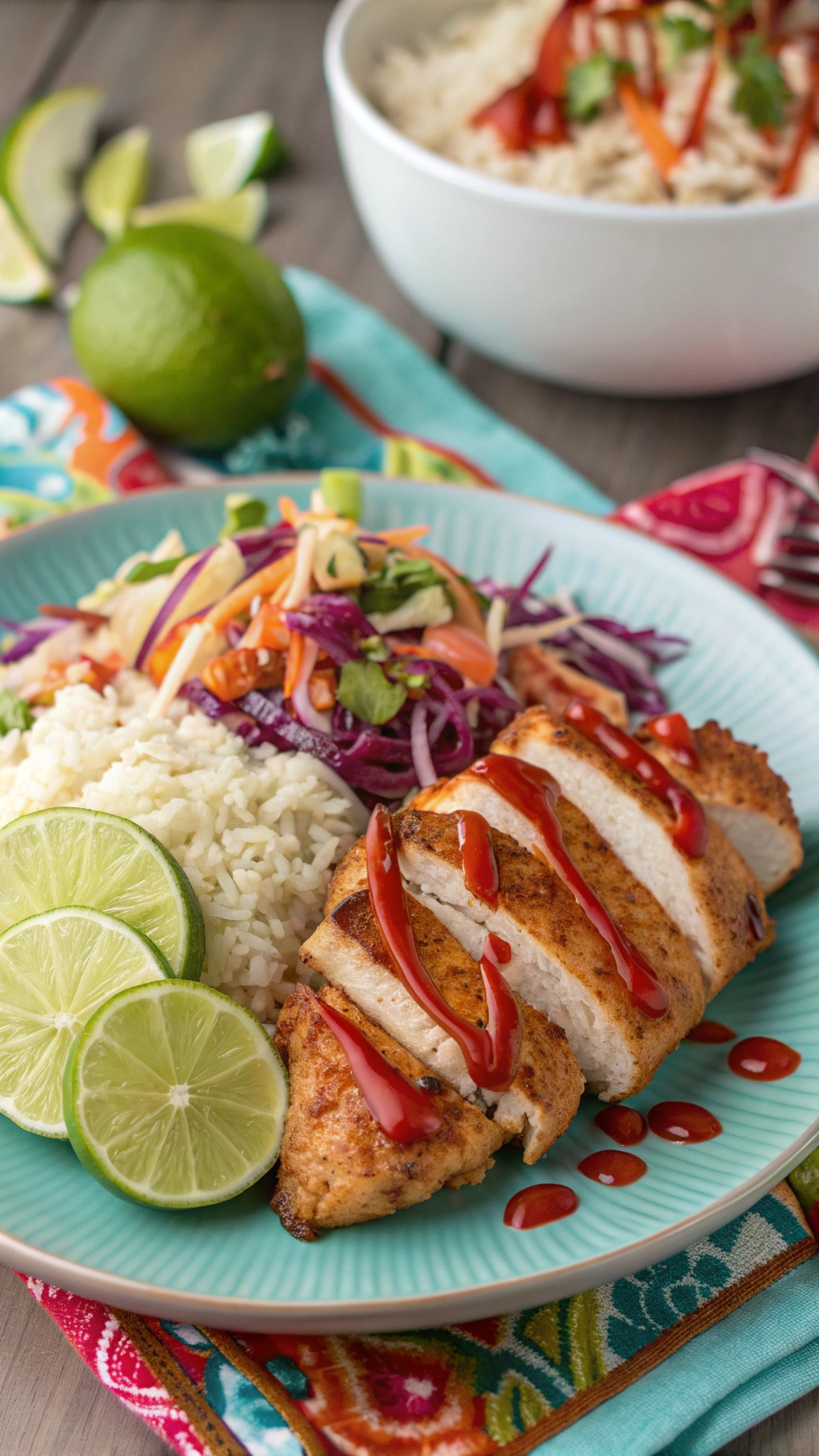Sriracha lime chicken breast meal prep with rice and fresh vegetables