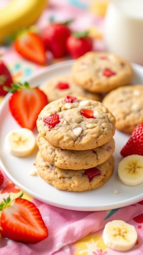 A plate of strawberry banana protein cookies with fresh strawberries and banana slices.