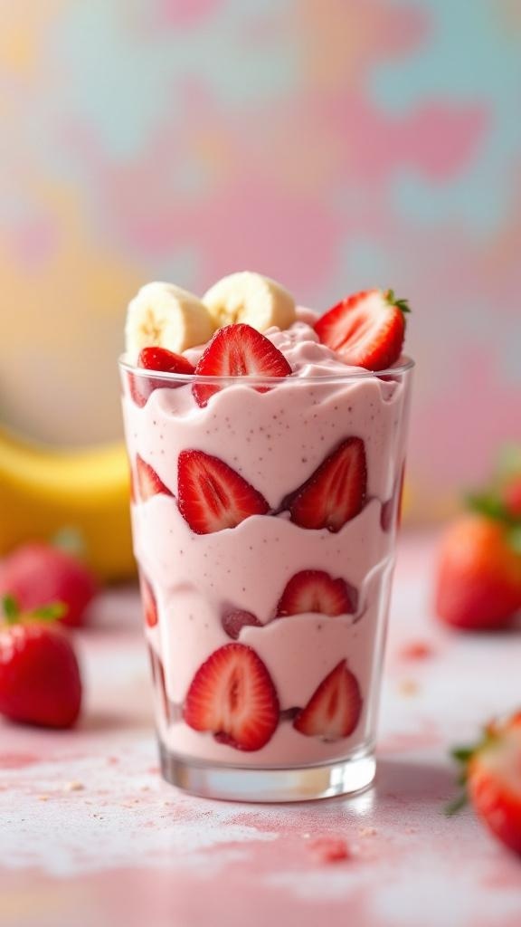 A glass of layered strawberry banana protein pudding with fresh strawberries and banana slices on top.