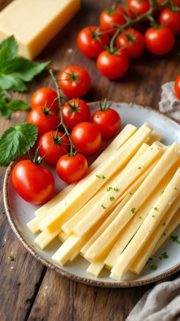 A plate with string cheese sticks and fresh cherry tomatoes on a wooden table.