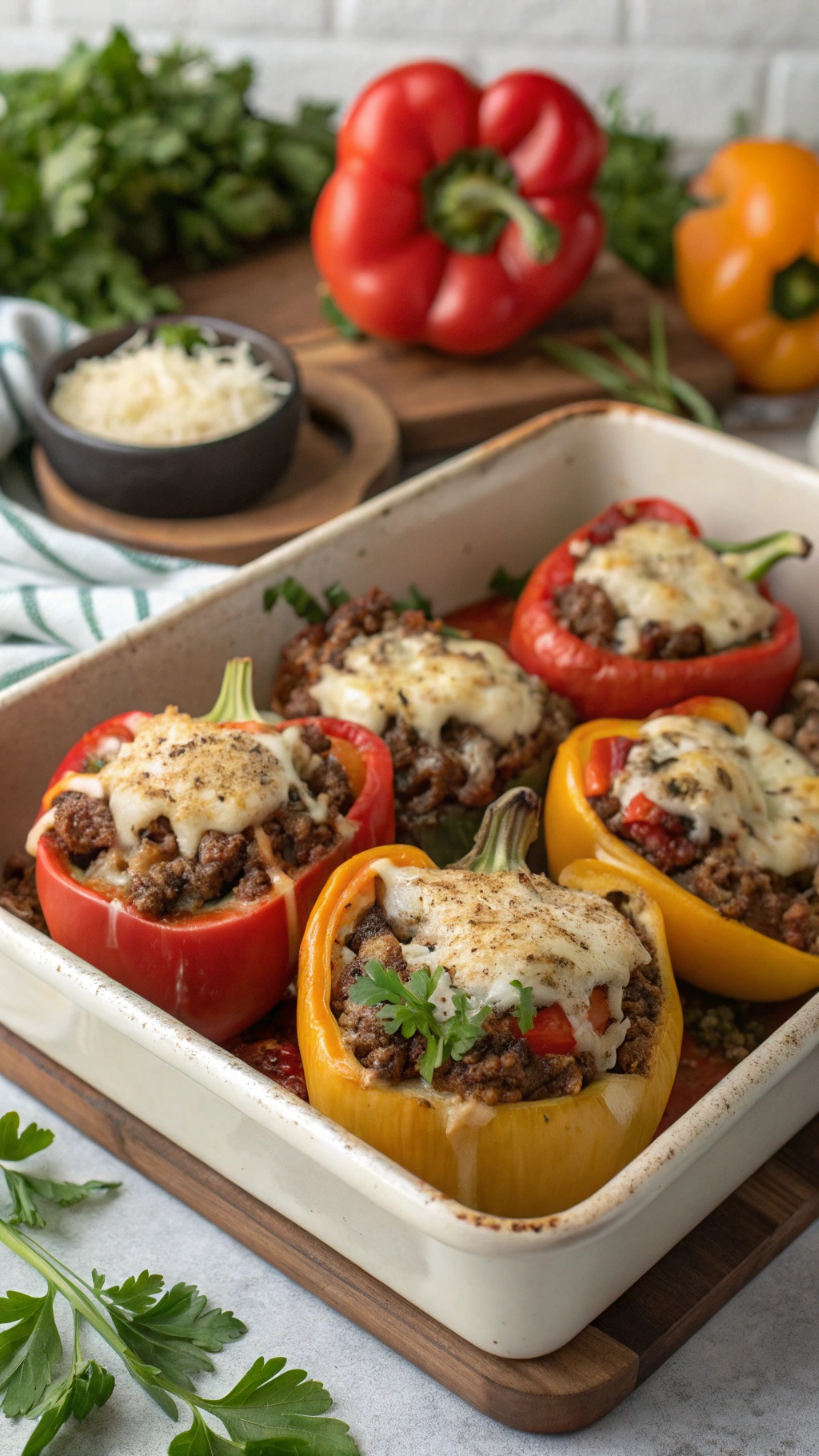 Stuffed bell peppers with ground beef and cheese, garnished with parsley.
