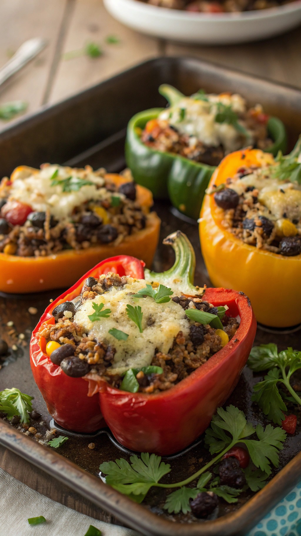Stuffed bell peppers filled with quinoa, black beans, and topped with cheese.