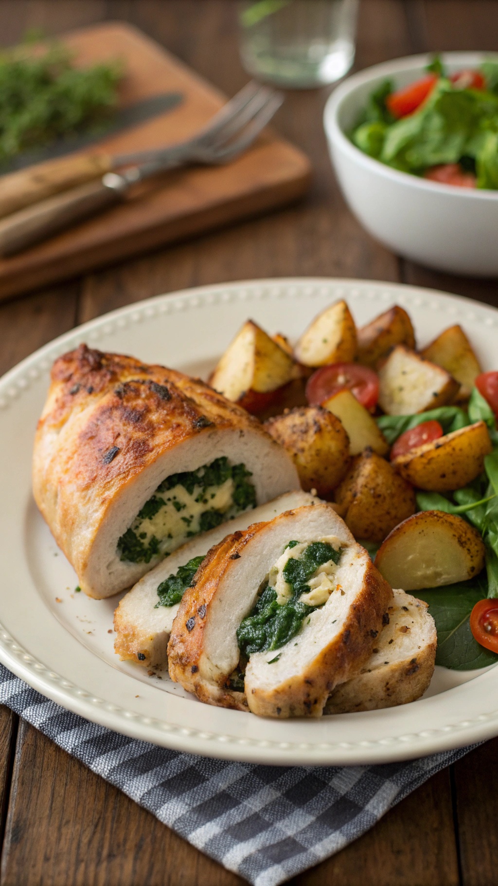 Stuffed chicken breasts with spinach and cheese, served with roasted potatoes and salad.
