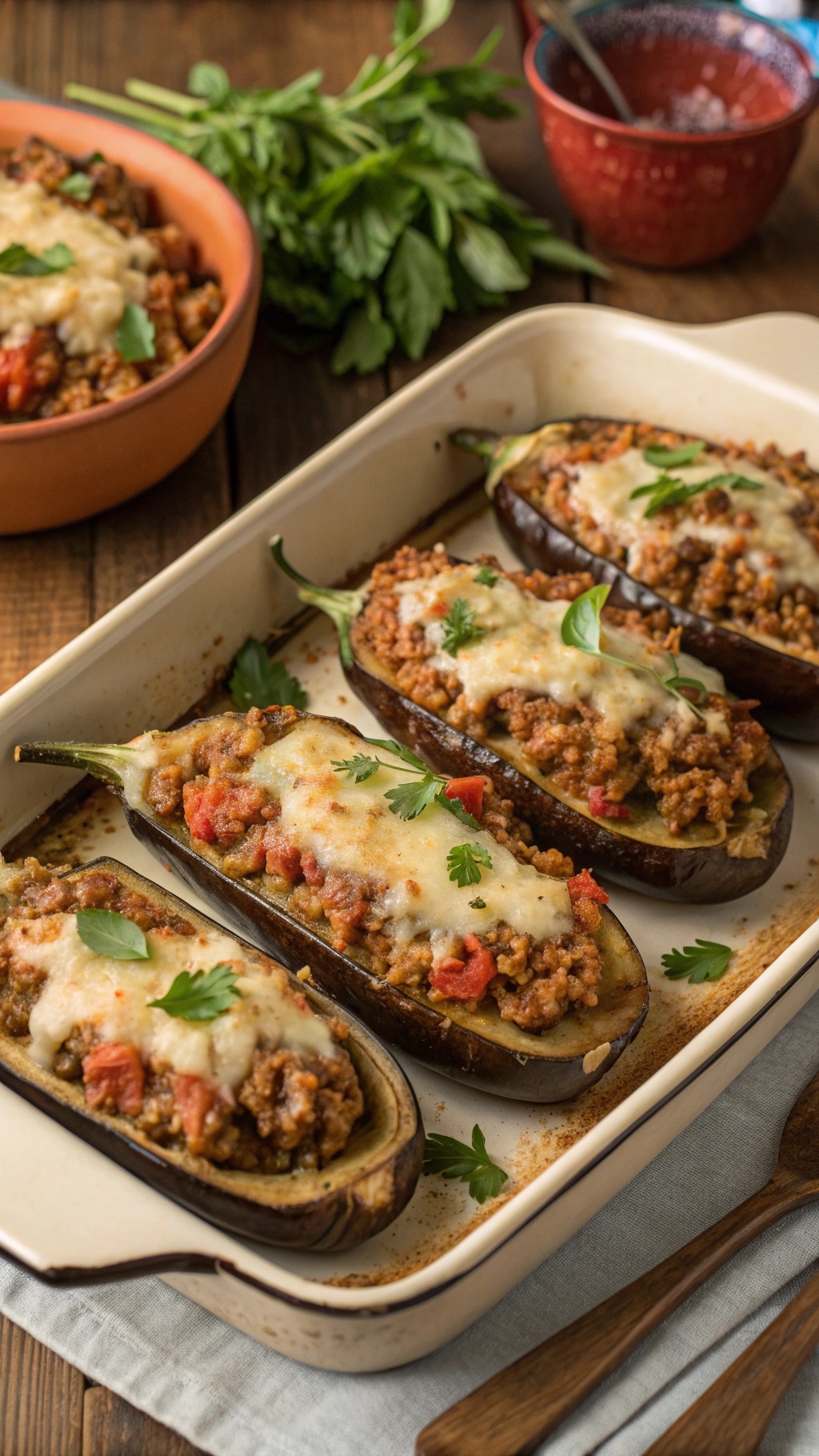 Stuffed eggplants filled with ground turkey and spices, topped with melted cheese, served in a baking dish.