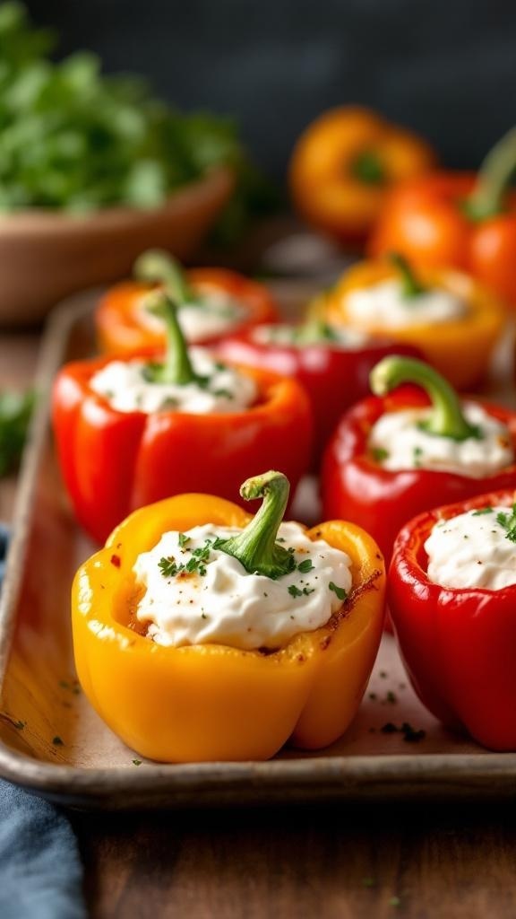 A tray of stuffed mini peppers filled with cream cheese and garnished with herbs.