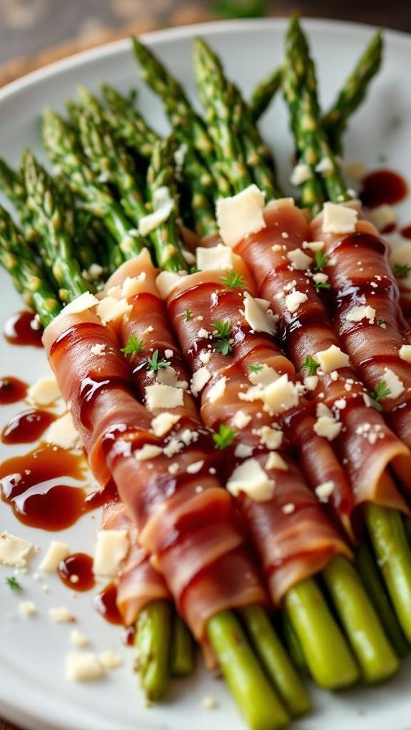 Plate of prosciutto-wrapped asparagus drizzled with balsamic reduction and topped with cheese.