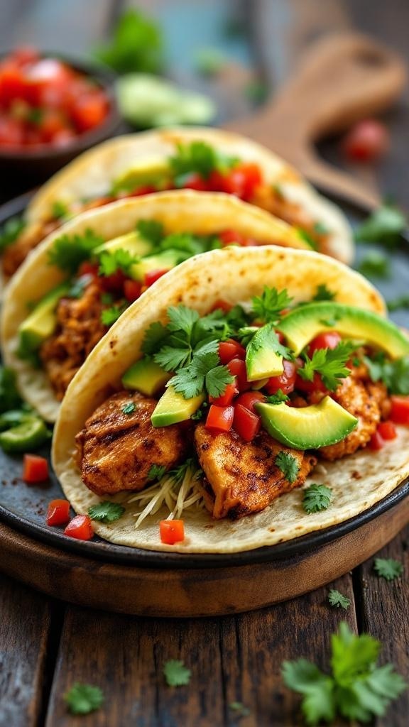 Delicious rotisserie chicken tacos topped with fresh salsa, avocado, and cilantro on a wooden table.