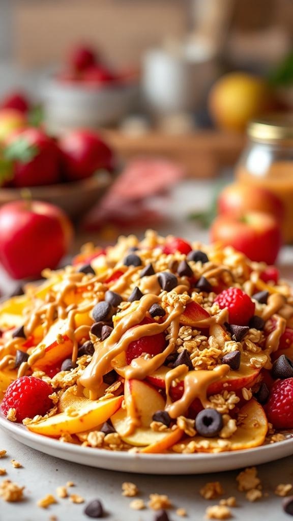 A plate of apple nachos topped with peanut butter, granola, chocolate chips, and raspberries.