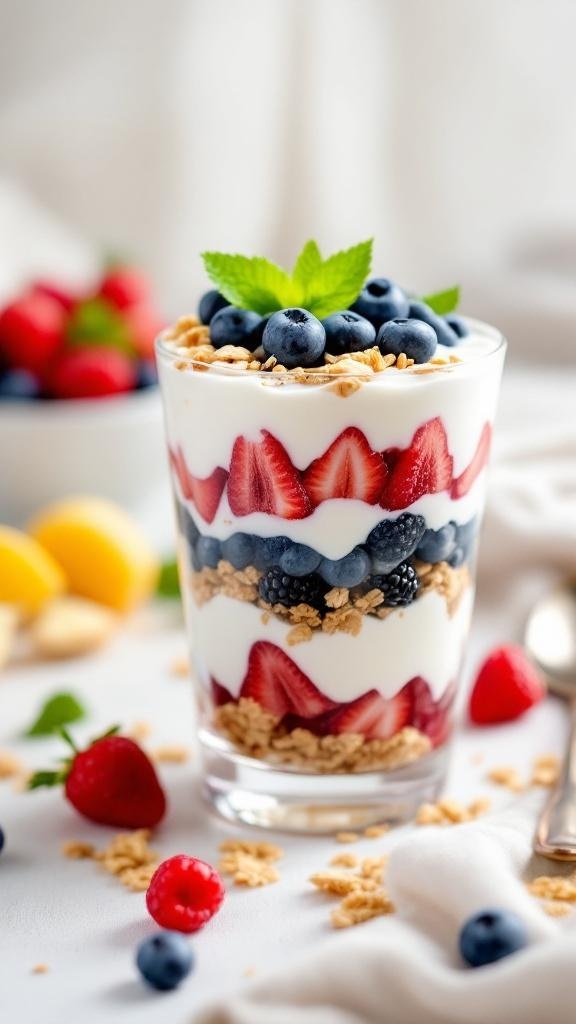 A delicious fruit and yogurt parfait with layers of yogurt, berries, and granola, garnished with mint.
