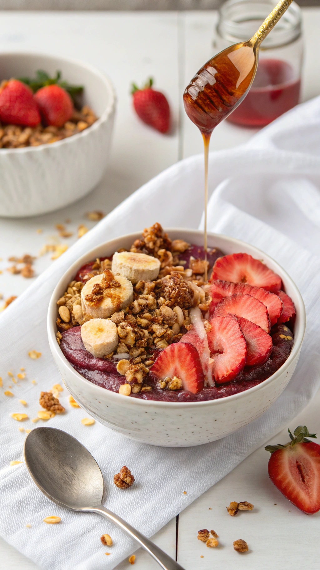 A delicious acai bowl topped with granola, strawberries, and banana, with honey being drizzled on top.