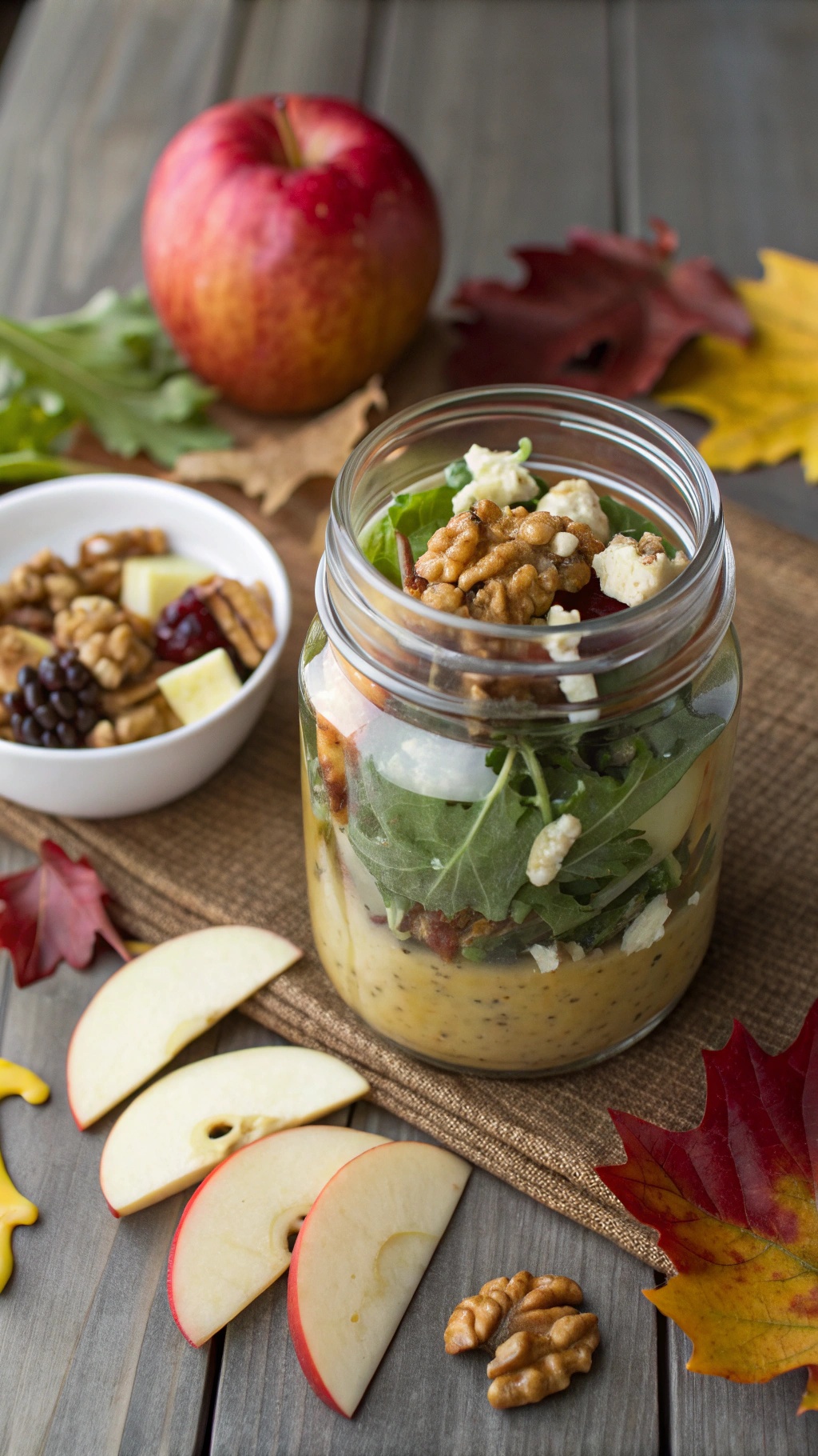 A jar filled with a colorful apple walnut salad, surrounded by apple slices and walnuts.