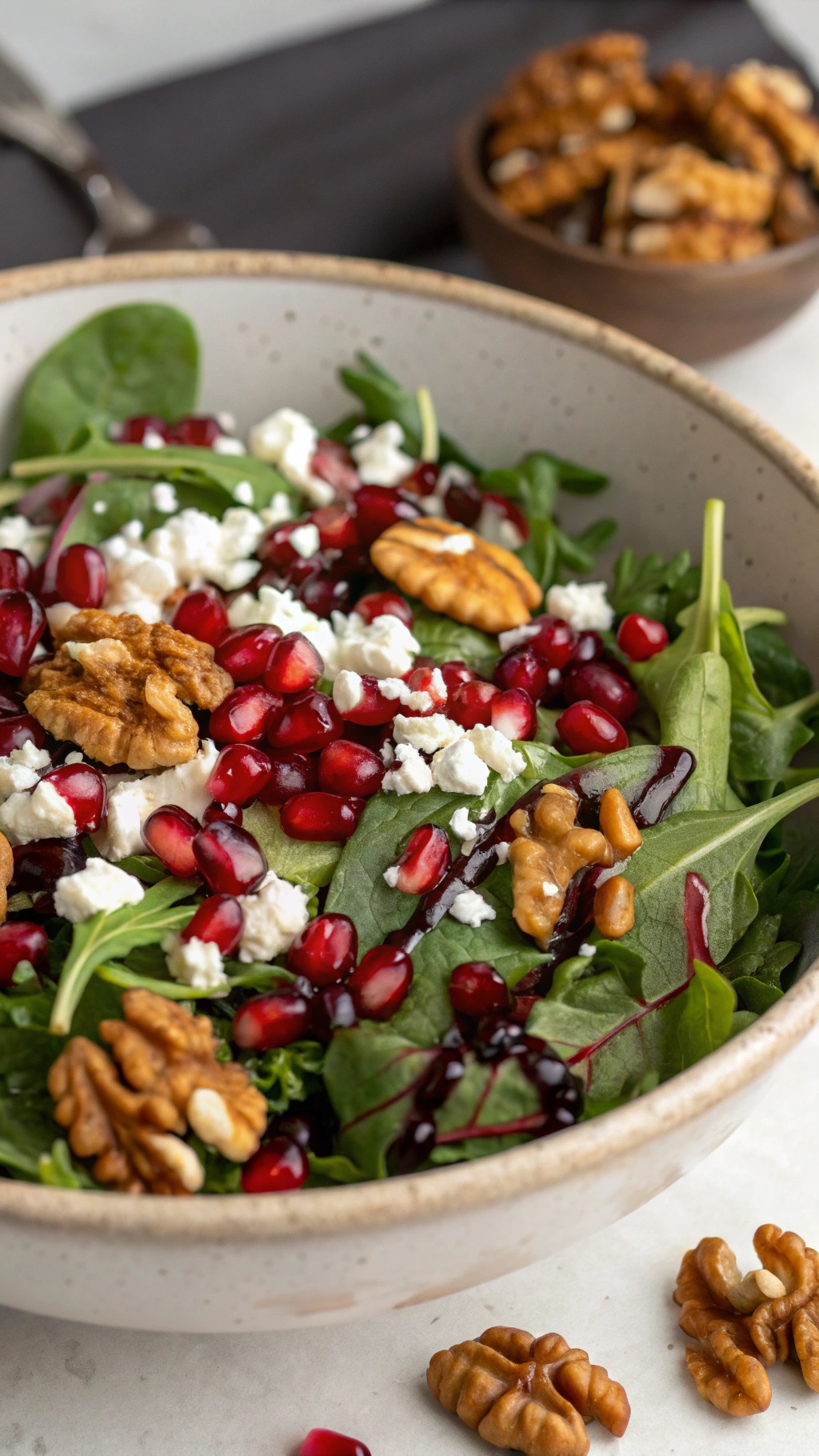 A colorful salad with spinach, pomegranate seeds, walnuts, and feta cheese.