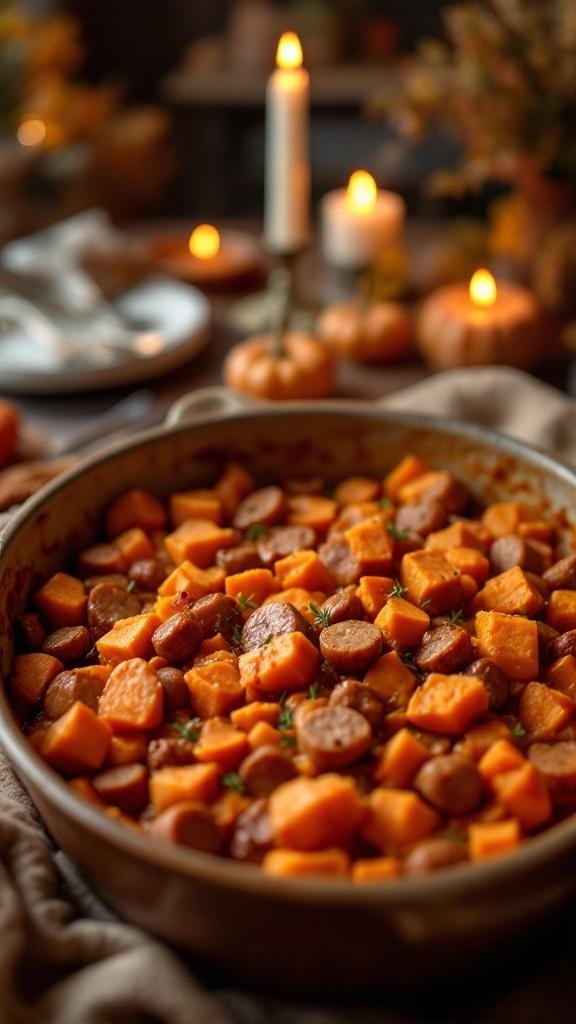 A warm dish of sweet potato and sausage bake, showcasing a mix of golden sweet potatoes and brown sausage, garnished with herbs.