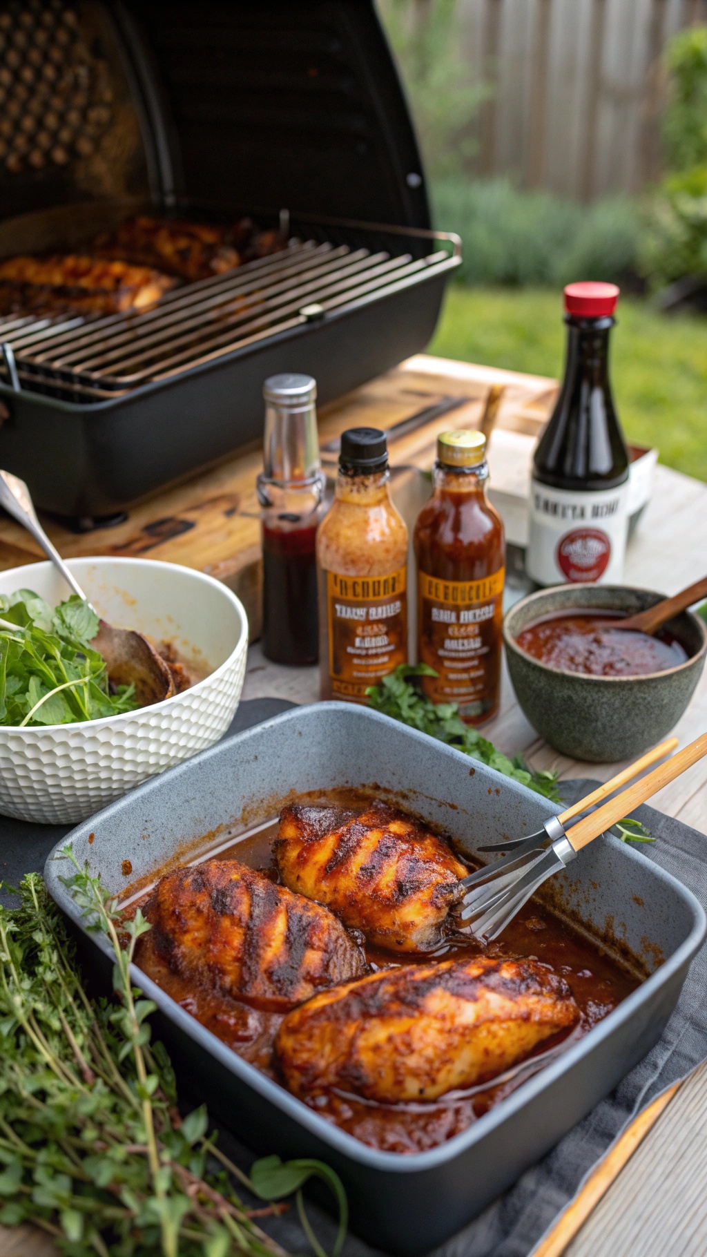 Marinated chicken breasts in a dish with BBQ sauces and fresh herbs on a wooden table.