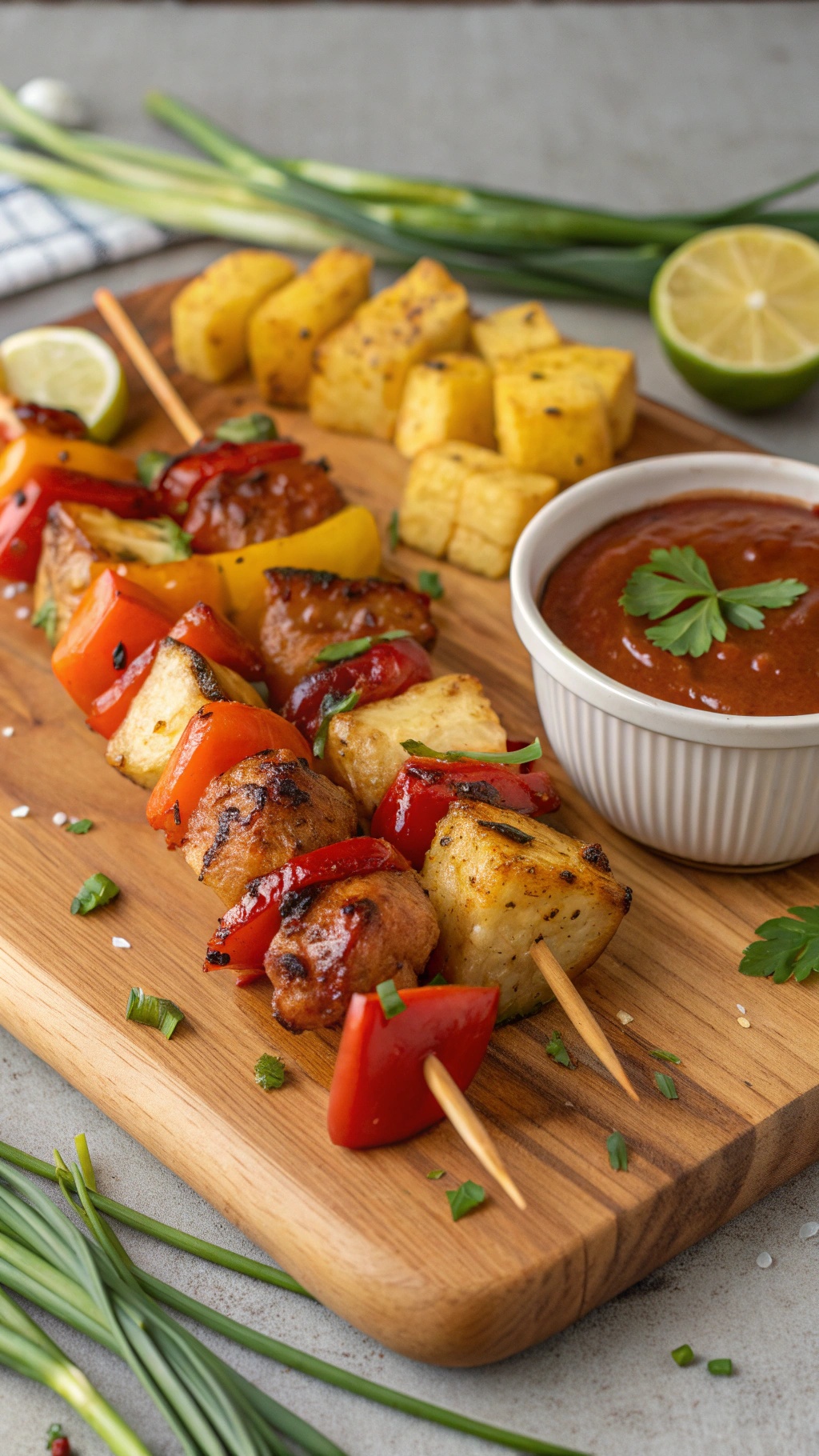 Sweet and sour chicken skewers with colorful bell peppers and pineapple on a wooden board
