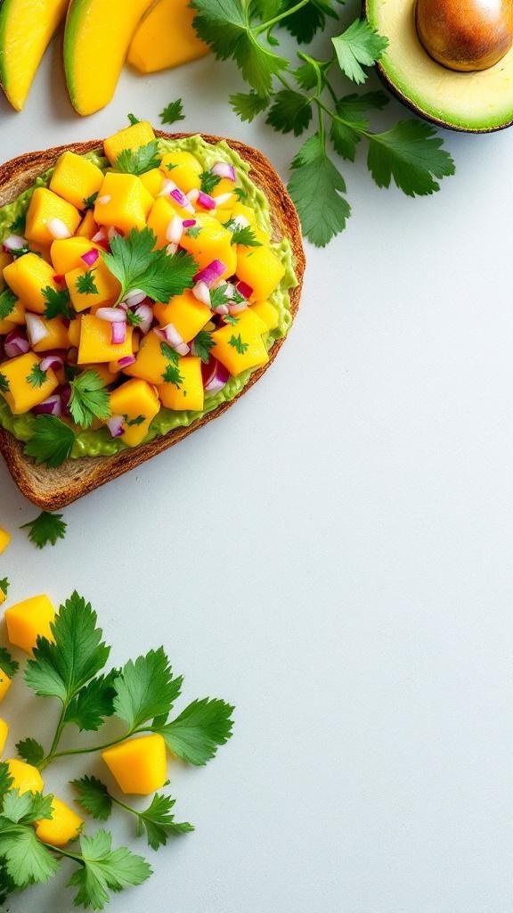 Sweet and Spicy Avocado Toast with Mango Salsa topped with cilantro
