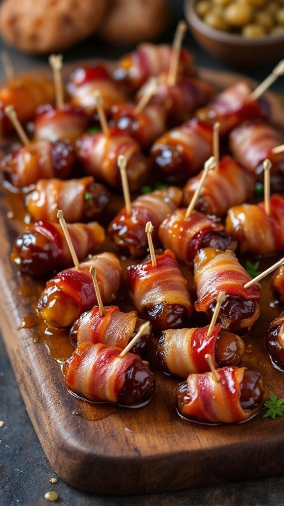 A platter of sweet and spicy bacon-wrapped dates, garnished and served with toothpicks.