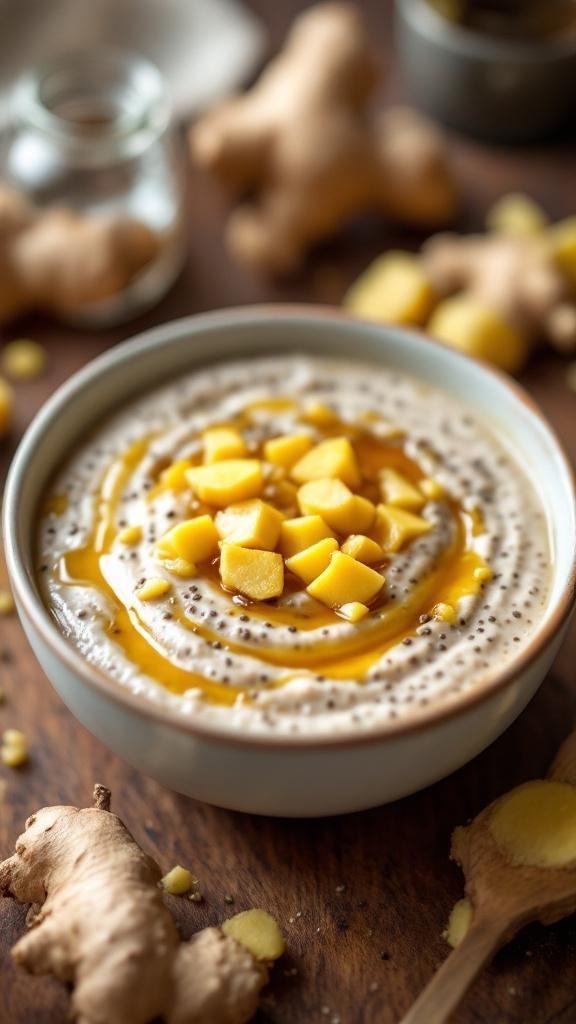 A bowl of sweet and spicy chia seed pudding topped with mango and honey, with ginger roots in the background.