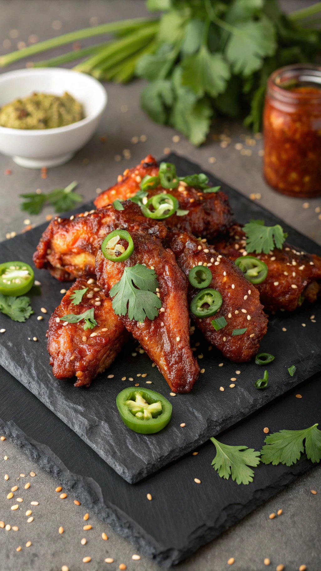 Delicious sweet and spicy chipotle chicken wings garnished with cilantro and jalapeños on a slate platter.