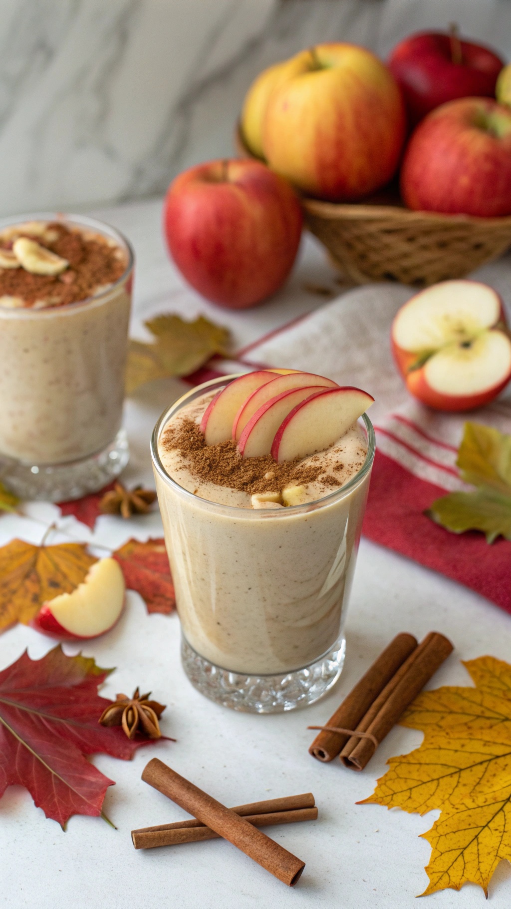 A delicious cinnamon apple smoothie topped with apple slices and cinnamon, surrounded by fresh apples and autumn leaves.