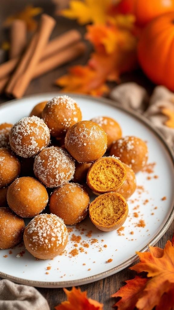 A plate of healthy pumpkin spice energy balls with cinnamon sticks and autumn leaves in the background.