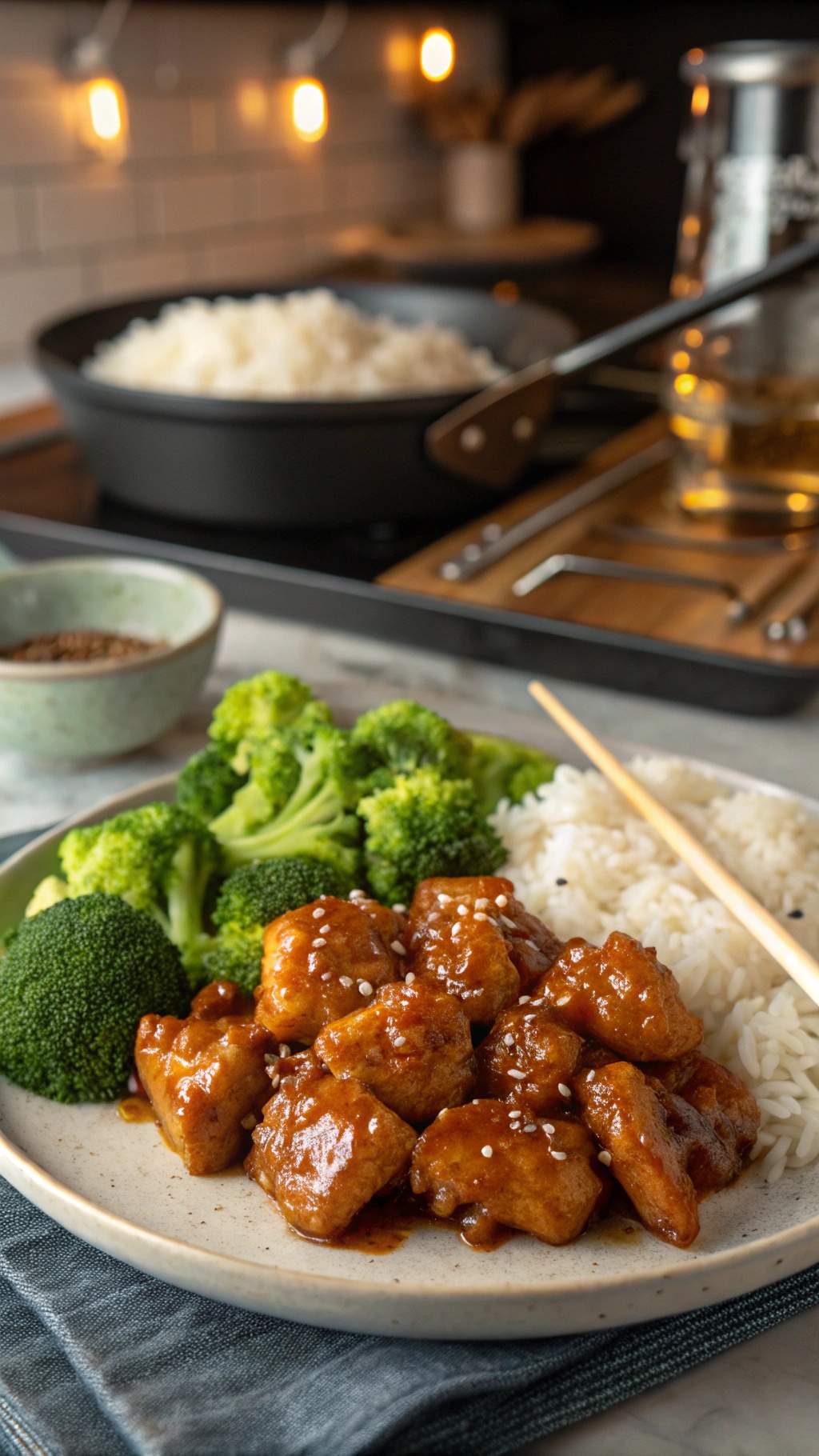 A plate of Sweet and Spicy Honey Garlic Chicken served with rice and broccoli.