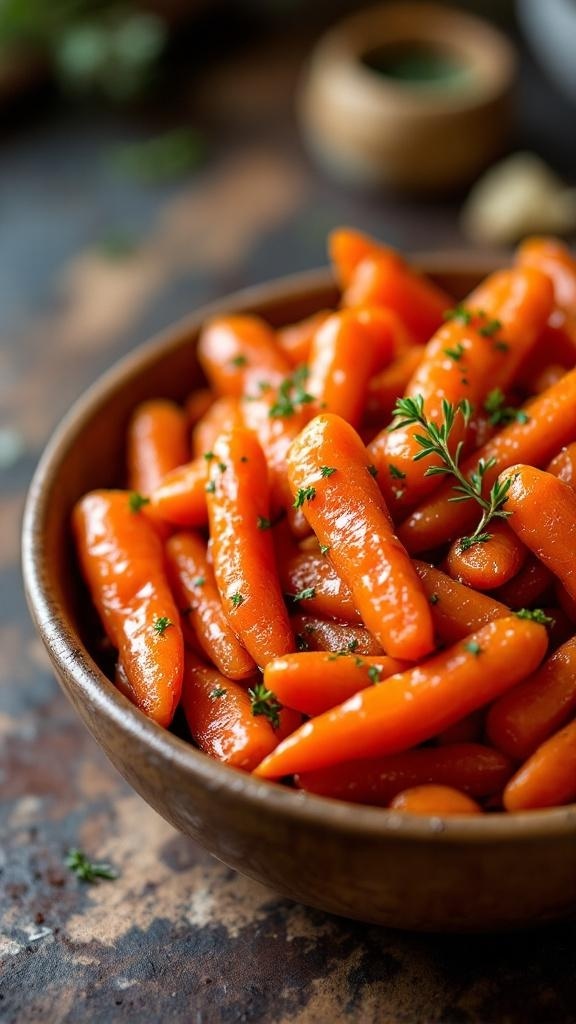 A bowl of sweet and spicy honey glazed carrots garnished with thyme.