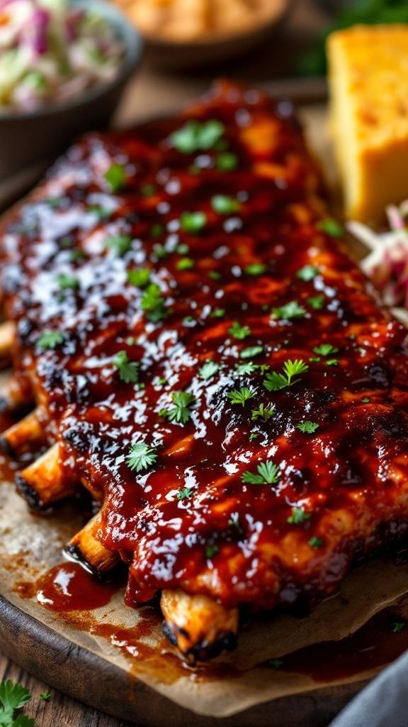 Delicious BBQ ribs with a glossy sauce, garnished with parsley, served with cornbread and coleslaw.