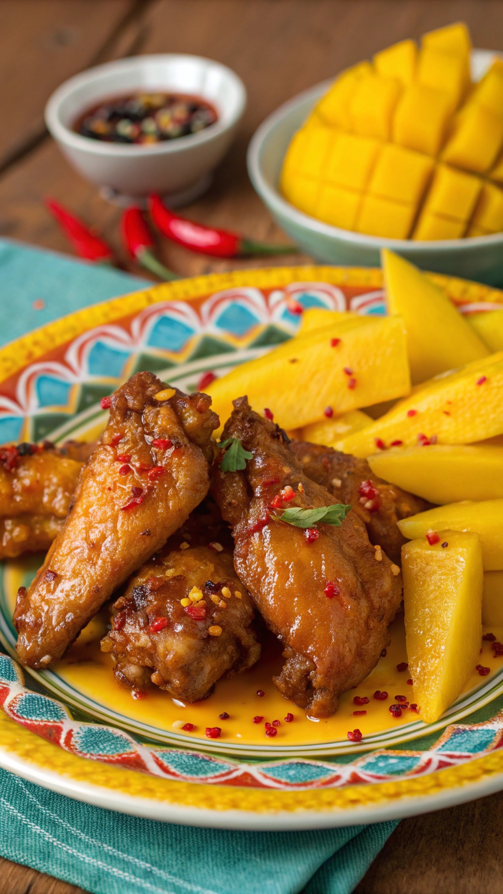 Sweet and spicy mango chicken wings served with mango slices and garnished with red pepper flakes.